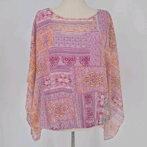 Chico's 3 XL Boho Patchwork Sheer Batwing Top Pink Orange Paisley Peasant Blouse